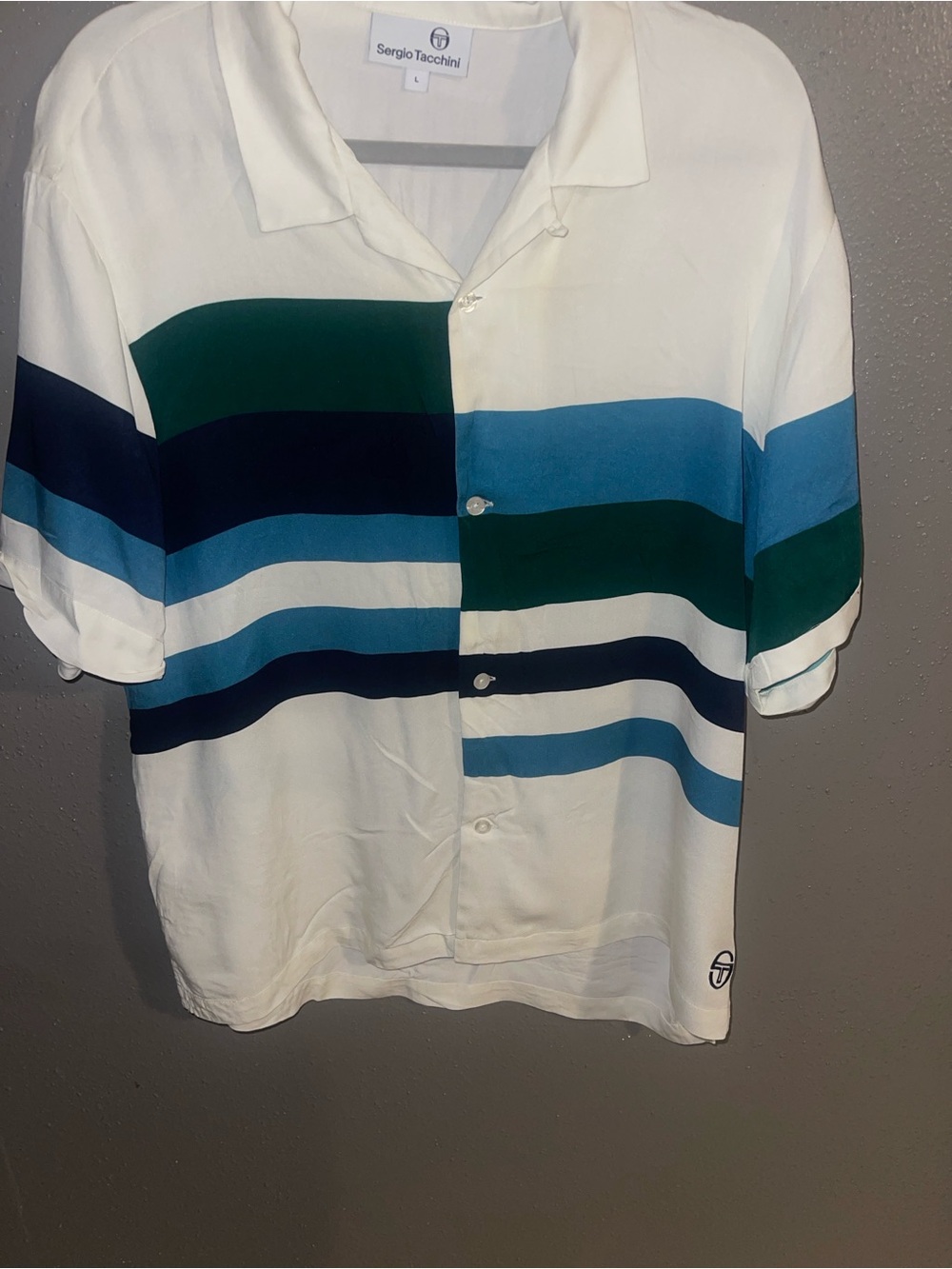 Sergio Tacchini White Button-Down Shirt with Green and Blue Stripes
